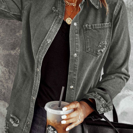 Distressed Raw Hem Snap Down Denim Jacket - MimiStylez