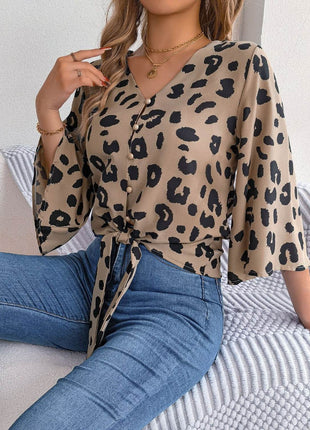 Tied Button Up Leopard V-Neck Blouse - MimiStylez