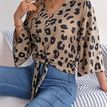 Tied Button Up Leopard V-Neck Blouse - MimiStylez