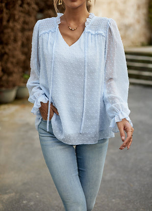 Devine Swiss Dot Smocked Shoulder Blouse - MimiStylez