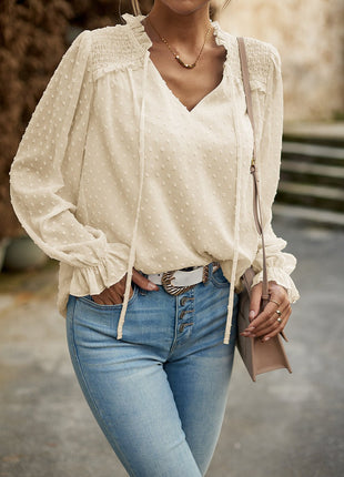 Devine Swiss Dot Smocked Shoulder Blouse - MimiStylez