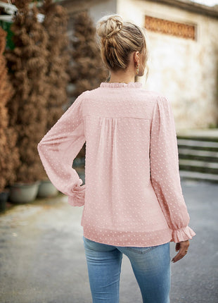 Devine Swiss Dot Smocked Shoulder Blouse - MimiStylez