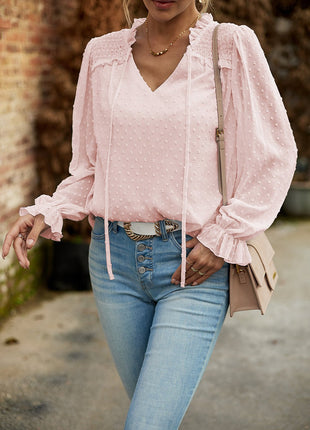 Devine Swiss Dot Smocked Shoulder Blouse - MimiStylez