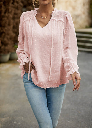 Devine Swiss Dot Smocked Shoulder Blouse - MimiStylez