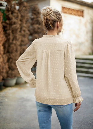 Devine Swiss Dot Smocked Shoulder Blouse - MimiStylez