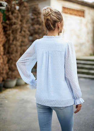 Devine Swiss Dot Smocked Shoulder Blouse - MimiStylez