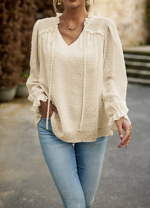 Devine Swiss Dot Smocked Shoulder Blouse - MimiStylez