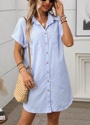 Striped Button Down Short Sleeve Mini Dress - MimiStylez
