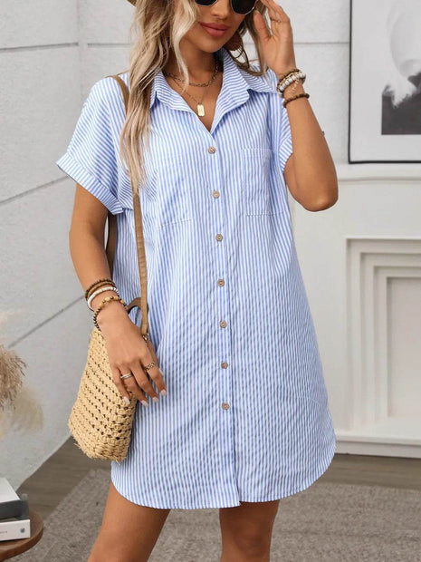 Striped Button Down Short Sleeve Mini Dress - MimiStylez