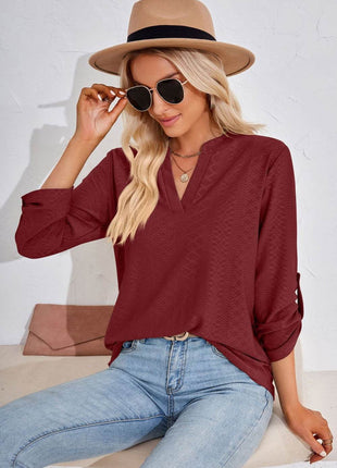 V-Neck Roll-Tap Sleeve Blouse - MimiStylez