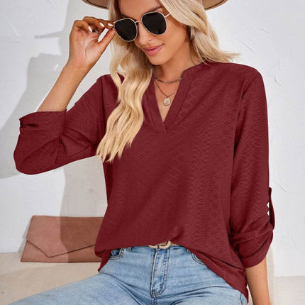 V-Neck Roll-Tap Sleeve Blouse - MimiStylez