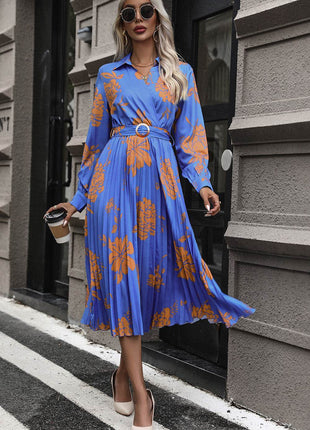 Floral Pleated Surplice Long Sleeve Midi Dress - MimiStylez