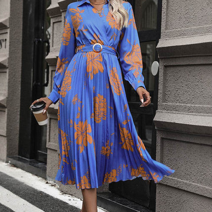 Floral Pleated Surplice Long Sleeve Midi Dress - MimiStylez