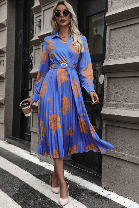 Floral Pleated Surplice Long Sleeve Midi Dress - MimiStylez
