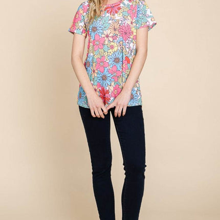 BOMBOM Floral Short Sleeve T-Shirt - MimiStylez