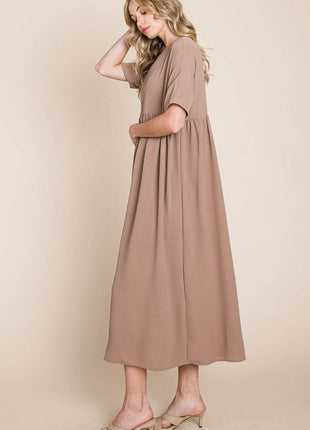 BOMBOM Round Neck Ruched Midi Dress - MimiStylez