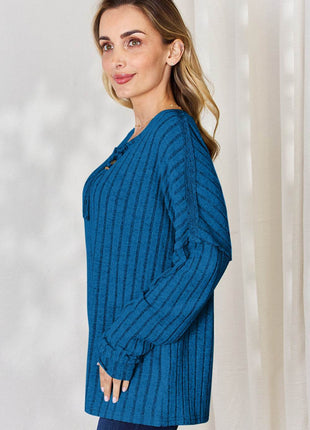 Basic Bae Full Size Ribbed Half Button Long Sleeve T-Shirt - MimiStylez