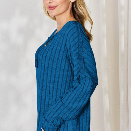 Basic Bae Full Size Ribbed Half Button Long Sleeve T-Shirt - MimiStylez