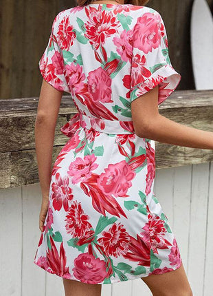 Floral Tied Short Sleeve Mini Dress - MimiStylez