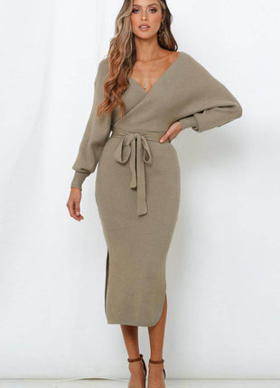 Surplice Neck Bow Waist Slit Sweater Dress - MimiStylez