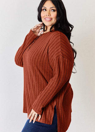 Basic Bae Full Size Ribbed Half Button Long Sleeve High-Low T-Shirt - MimiStylez