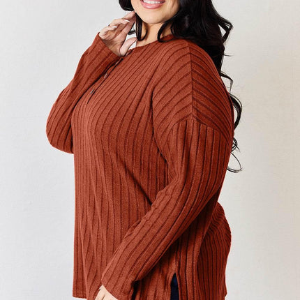 Basic Bae Full Size Ribbed Half Button Long Sleeve High-Low T-Shirt - MimiStylez