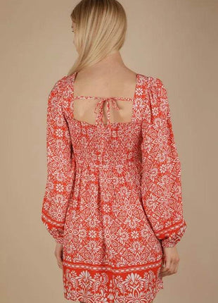 VERY J Printed Smocked Chest Boho Mini Dress - MimiStylez