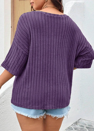 Plus Size V-Neck Ribbed Knit T-Shirt - MimiStylez