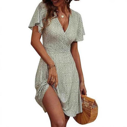 V-neck A Line Mid-length Dress Printing - MimiStylez