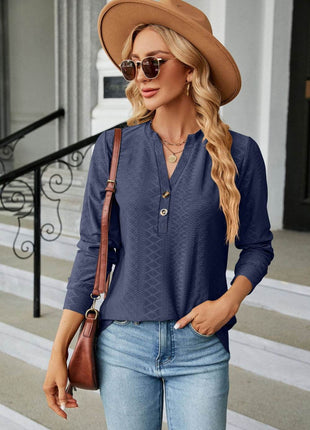 Notched Neck Long Sleeve Buttoned Blouse - MimiStylez