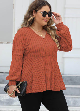 Plus Size Ribbed V-Neck Long Sleeve Blouse - MimiStylez