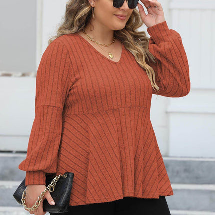 Plus Size Ribbed V-Neck Long Sleeve Blouse - MimiStylez