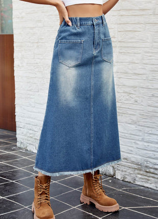 Raw Hem Buttoned Denim Skirt with Pockets - MimiStylez