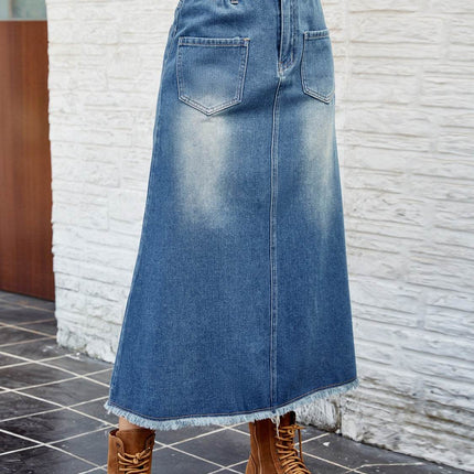 Raw Hem Buttoned Denim Skirt with Pockets - MimiStylez