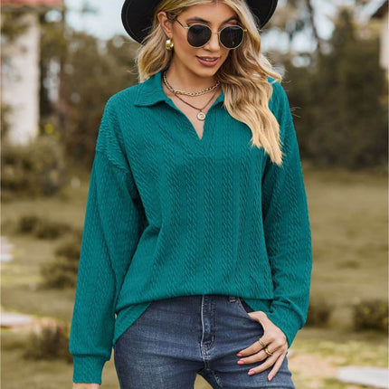 Collared Neck Cable-Knit Long Sleeve Blouse - MimiStylez