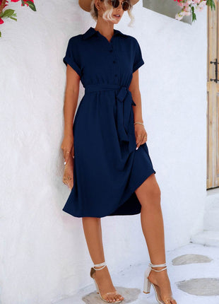 Buttoned Tie Waist Short Sleeve Dress - MimiStylez