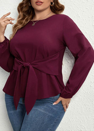 Plus Size Tie Front Long Sleeve Blouse - MimiStylez