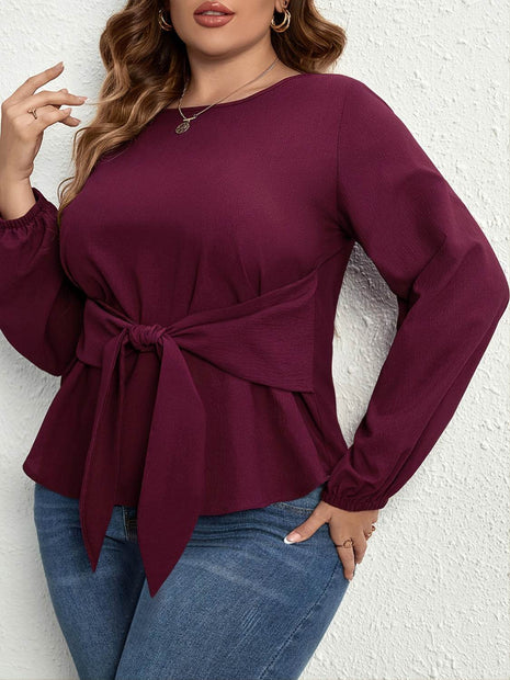 Plus Size Tie Front Long Sleeve Blouse - MimiStylez