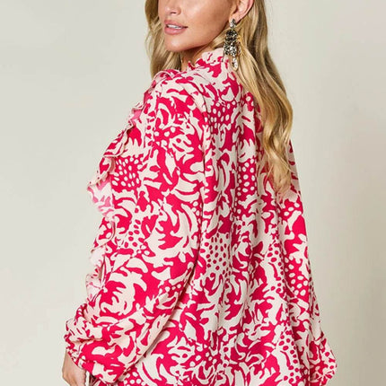 Double Take Full Size Printed Ruffle Trim Balloon Sleeve Shirt - MimiStylez