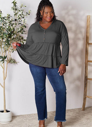 Double Take Half Button Long Sleeve Ruffle Hem Blouse - MimiStylez