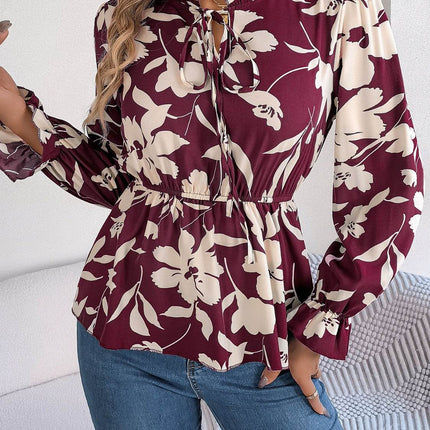 Printed Tie Neck Flounce Sleeve Blouse - MimiStylez