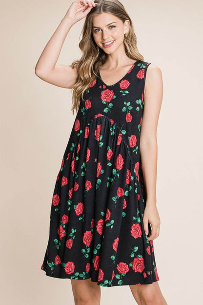 BOMBOM Floral Ruched Tank Dress - MimiStylez