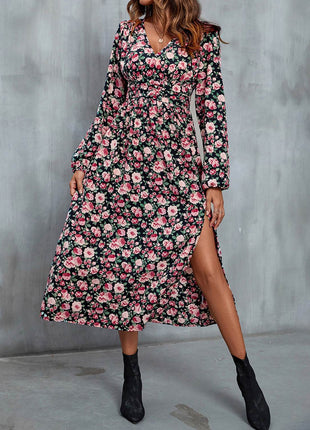 Floral V-Neck Slit Midi Dress - MimiStylez