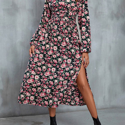 Floral V-Neck Slit Midi Dress - MimiStylez