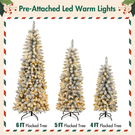 3 Pcs Flocked Artificial Christmas Tree Set With Lights, 4ft 5ft 6ft Christmas Tree Set