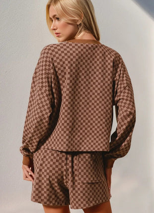 Double Take Checkered Half Button Top and Shorts Set - MimiStylez