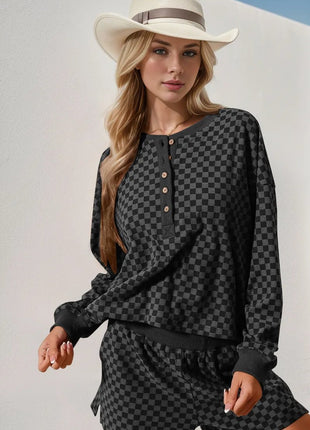 Double Take Checkered Half Button Top and Shorts Set - MimiStylez
