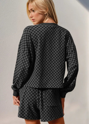Double Take Checkered Half Button Top and Shorts Set - MimiStylez