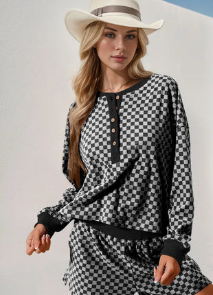 Double Take Checkered Half Button Top and Shorts Set - MimiStylez