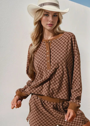 Double Take Checkered Half Button Top and Shorts Set - MimiStylez